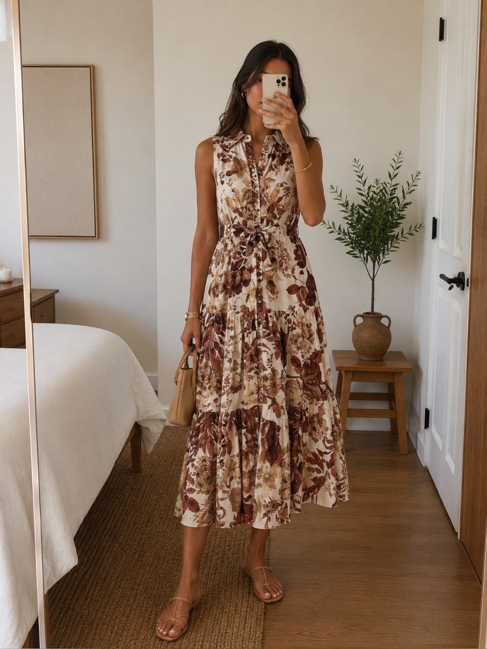 Kobi Halperin Floral Sleeveless Tiered Midi Dress Ivory Brown Cotton Size xs
